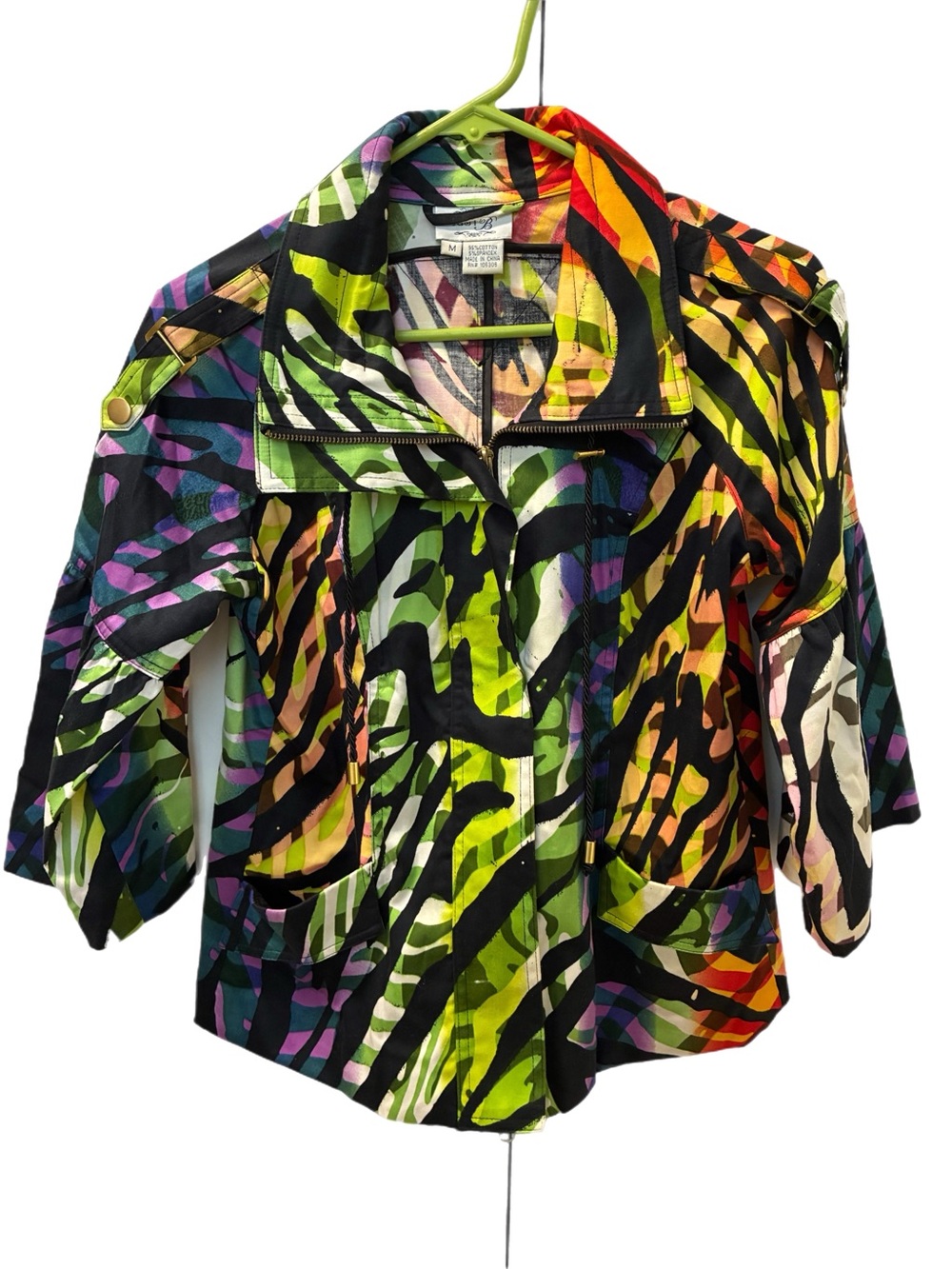 River Island Multicolor Zebra-Print Bomber Jacket 3/4 Flare Sleeves Size M Women